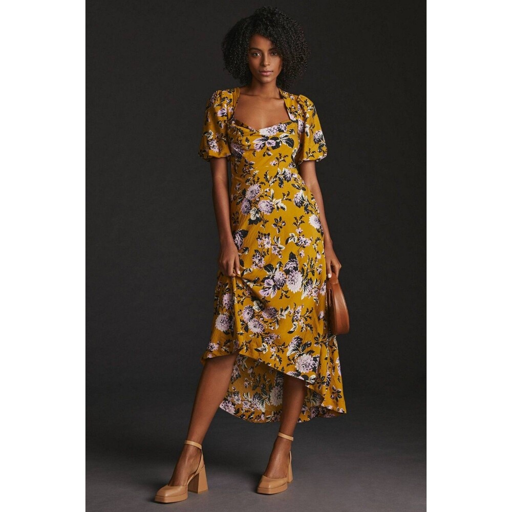 Anthropologie Maeve Puff-Sleeve Floral Midi Dress size 4 High Low Square Neck